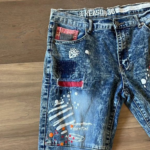 Reason Mens Blue Legend Born Graphic Paint Splatter Patch Straight Jeans Size 36 - Picture 5 of 12